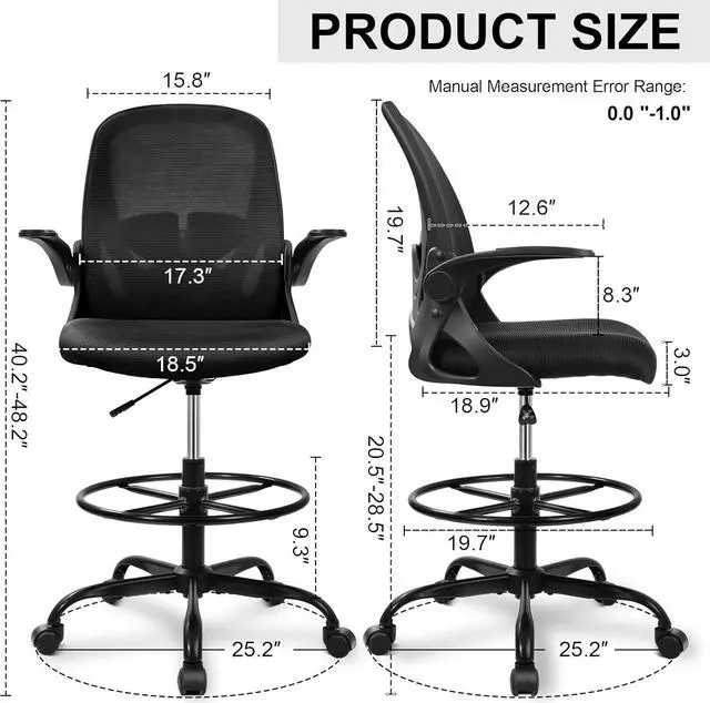 Alt view image 3 of 7 - Primy Drafting Chair Tall Office Chair with Flip-up Armrests Executive Ergonomic Computer Standing Desk Chair with Lumbar Support and Adjustable Footrest Ring (Black)