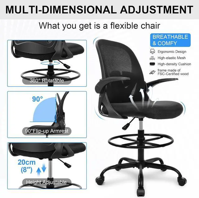 Alt view image 7 of 7 - Primy Drafting Chair Tall Office Chair with Flip-up Armrests Executive Ergonomic Computer Standing Desk Chair with Lumbar Support and Adjustable Footrest Ring (Black)