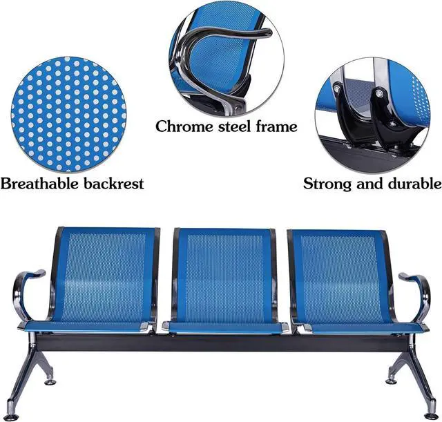 Alt view image 4 of 7 - Kinsuite Set of 2 Waiting Room Chairs with Arms - 3-Seat Airport Reception Bench Waiting Room Bench, Lobby Bench Seating for Business Hospital Market, Blue