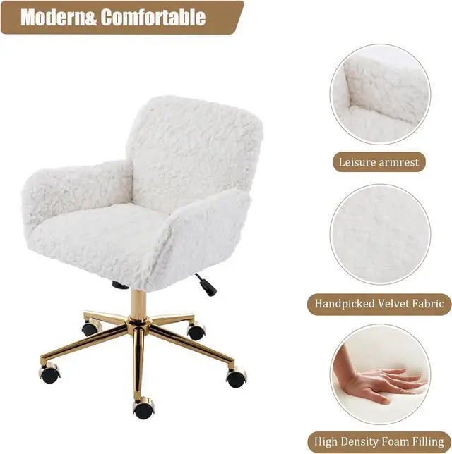 Alt view image 5 of 7 - Faux Fur Home Office Chair for Women Girl, Vanity Makeup Desk Chair with Wheels Upholstered Height Adjustable Armchair with Gold Metal Base Living Room Bedroom Office Vanity