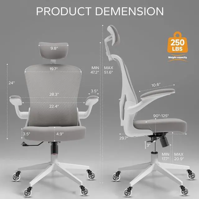 Alt view image 2 of 7 - Office Chair, Ergonomic Office Chair with Back Support and Adjustable Arm Rest, Home Office Desk Chairs with Wheels, Comfy Desk Chair for Work and Study, Gray