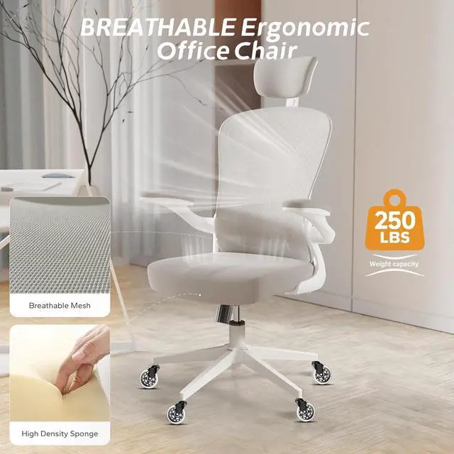 Alt view image 4 of 7 - Office Chair, Ergonomic Office Chair with Back Support and Adjustable Arm Rest, Home Office Desk Chairs with Wheels, Comfy Desk Chair for Work and Study, Gray