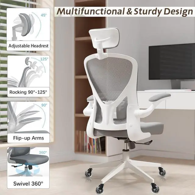 Alt view image 5 of 7 - Office Chair, Ergonomic Office Chair with Back Support and Adjustable Arm Rest, Home Office Desk Chairs with Wheels, Comfy Desk Chair for Work and Study, Gray