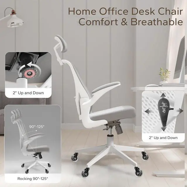 Alt view image 6 of 7 - Office Chair, Ergonomic Office Chair with Back Support and Adjustable Arm Rest, Home Office Desk Chairs with Wheels, Comfy Desk Chair for Work and Study, Gray