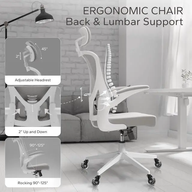Alt view image 7 of 7 - Office Chair, Ergonomic Office Chair with Back Support and Adjustable Arm Rest, Home Office Desk Chairs with Wheels, Comfy Desk Chair for Work and Study, Gray