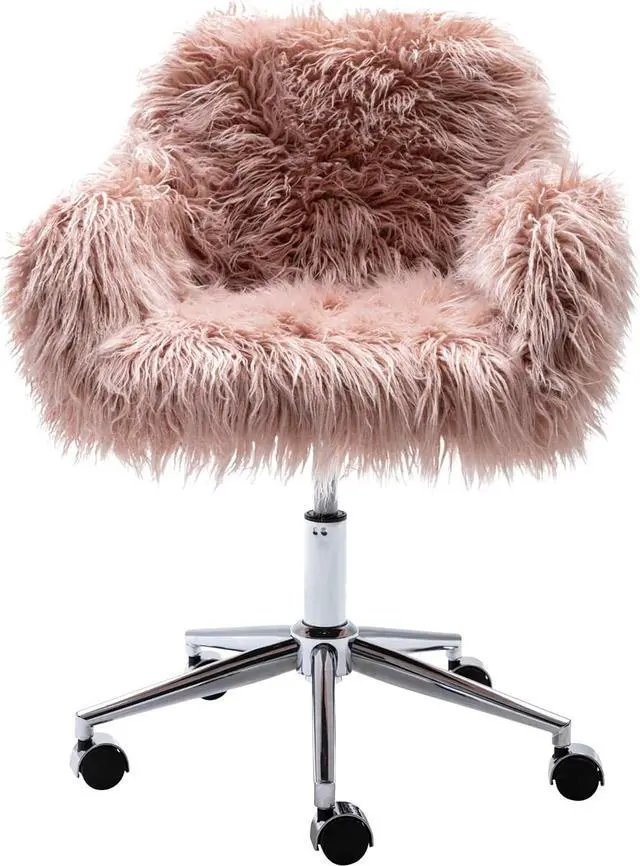 Main image of Office Desk Chair Fluffy Swivel Desk Chair Height Adjustable with Armrest Soft Cushion Silver Base for Bedroom Home Office Computer Pink