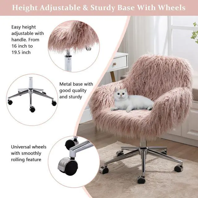 Alt view image 4 of 7 - Office Desk Chair Fluffy Swivel Desk Chair Height Adjustable with Armrest Soft Cushion Silver Base for Bedroom Home Office Computer Pink
