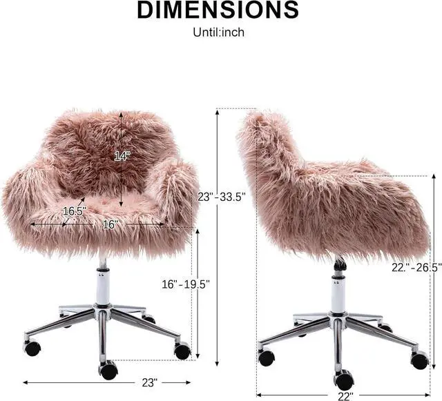 Alt view image 3 of 7 - Office Desk Chair Fluffy Swivel Desk Chair Height Adjustable with Armrest Soft Cushion Silver Base for Bedroom Home Office Computer Pink