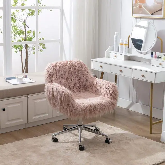 Alt view image 2 of 7 - Office Desk Chair Fluffy Swivel Desk Chair Height Adjustable with Armrest Soft Cushion Silver Base for Bedroom Home Office Computer Pink