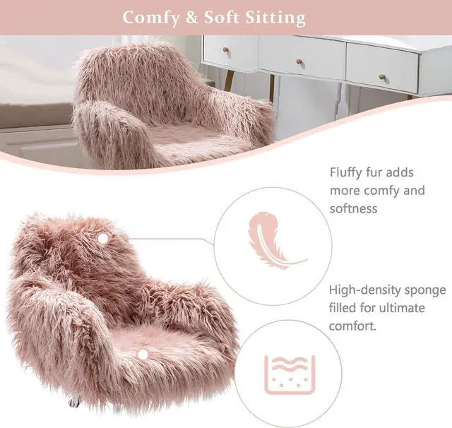 Alt view image 5 of 7 - Office Desk Chair Fluffy Swivel Desk Chair Height Adjustable with Armrest Soft Cushion Silver Base for Bedroom Home Office Computer Pink