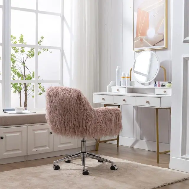 Alt view image 6 of 7 - Office Desk Chair Fluffy Swivel Desk Chair Height Adjustable with Armrest Soft Cushion Silver Base for Bedroom Home Office Computer Pink