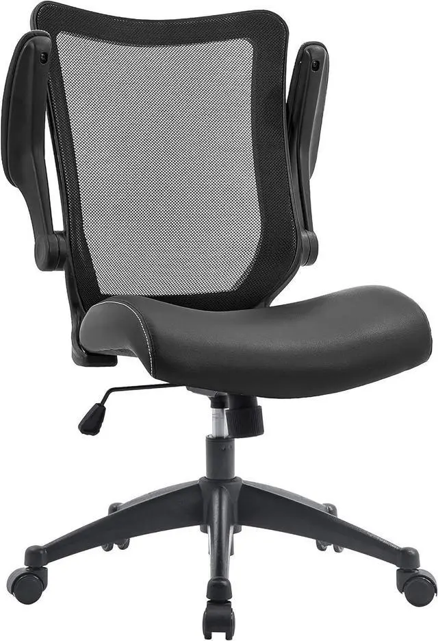 Main image of OfficeFactor Office Desk Chair, 300 lb Capacity Adjustable Desk Chair, Flip-Up Armrests, Non-Scratch Wheels, Mesh Back, Comfortable Bonded Leather Work Chair (Black)