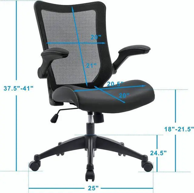 Alt view image 2 of 7 - OfficeFactor Office Desk Chair, 300 lb Capacity Adjustable Desk Chair, Flip-Up Armrests, Non-Scratch Wheels, Mesh Back, Comfortable Bonded Leather Work Chair (Black)