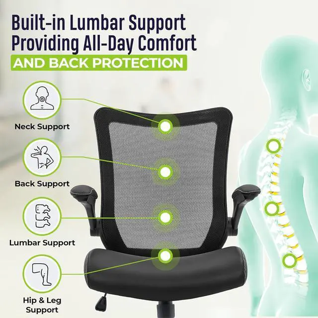 Alt view image 5 of 7 - OfficeFactor Office Desk Chair, 300 lb Capacity Adjustable Desk Chair, Flip-Up Armrests, Non-Scratch Wheels, Mesh Back, Comfortable Bonded Leather Work Chair (Black)