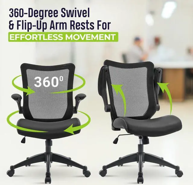 Alt view image 3 of 7 - OfficeFactor Office Desk Chair, 300 lb Capacity Adjustable Desk Chair, Flip-Up Armrests, Non-Scratch Wheels, Mesh Back, Comfortable Bonded Leather Work Chair (Black)