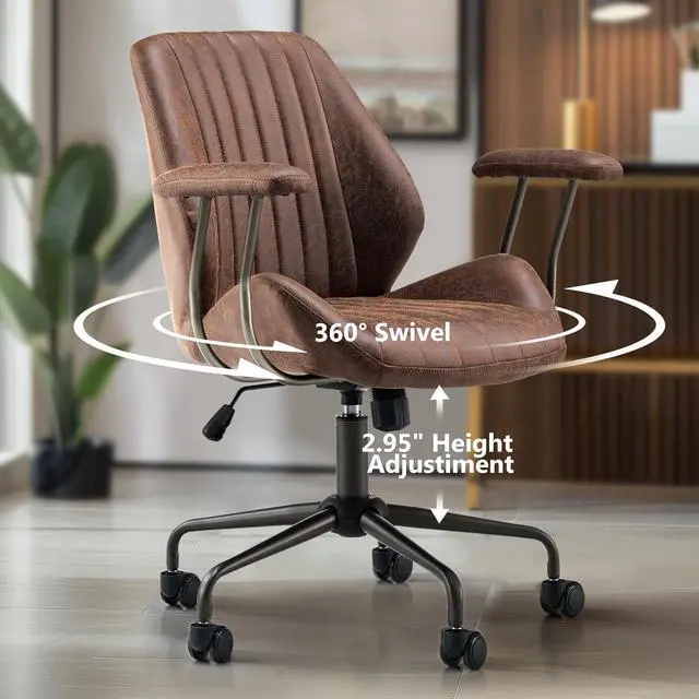 Alt view image 3 of 7 - Mid Century Modren Office Chair - Fuax Leather Suede Brown Executive Chairs Ergonomic Mid Back with Lumbar Support, Swivel Computer Desk Task Chair with Wheels for Home Office (Dark Brown, Mid Back)
