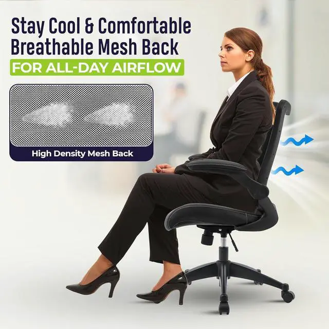 Alt view image 4 of 7 - OfficeFactor Office Desk Chair, 300 lb Capacity Adjustable Desk Chair, Flip-Up Armrests, Non-Scratch Wheels, Mesh Back, Comfortable Bonded Leather Work Chair (Black)