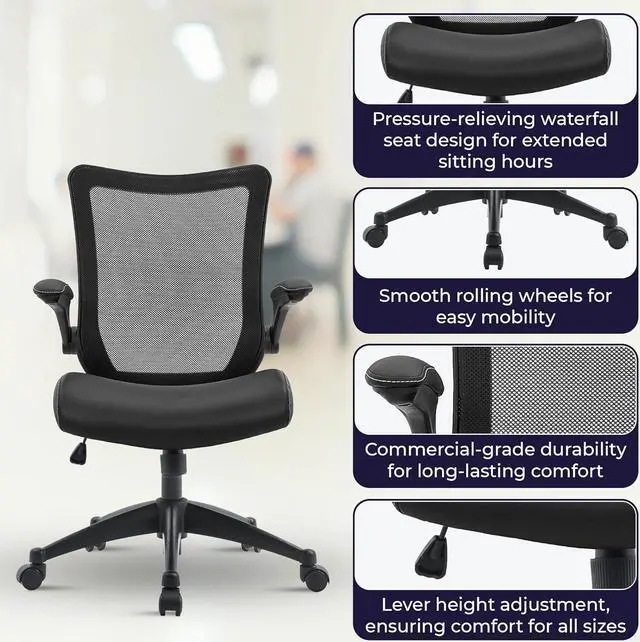 Alt view image 6 of 7 - OfficeFactor Office Desk Chair, 300 lb Capacity Adjustable Desk Chair, Flip-Up Armrests, Non-Scratch Wheels, Mesh Back, Comfortable Bonded Leather Work Chair (Black)