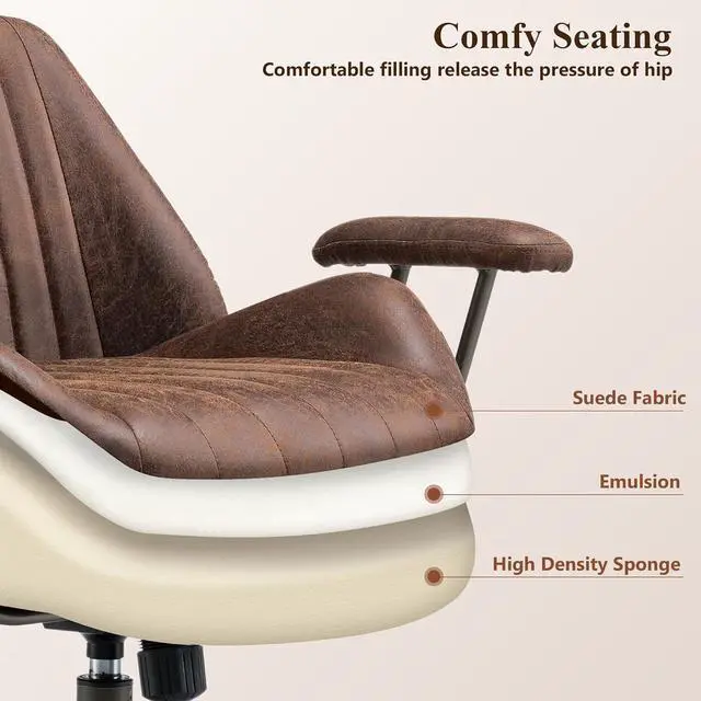 Alt view image 4 of 7 - Mid Century Modren Office Chair - Fuax Leather Suede Brown Executive Chairs Ergonomic Mid Back with Lumbar Support, Swivel Computer Desk Task Chair with Wheels for Home Office (Dark Brown, Mid Back)