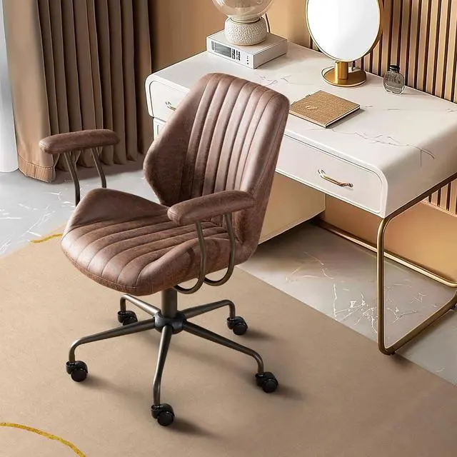 Alt view image 7 of 7 - Mid Century Modren Office Chair - Fuax Leather Suede Brown Executive Chairs Ergonomic Mid Back with Lumbar Support, Swivel Computer Desk Task Chair with Wheels for Home Office (Dark Brown, Mid Back)