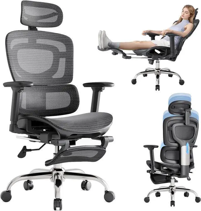 Main image of Ergonomic Office Chair, Breathable Mesh Chair with Adaptive Lumbar Support, 3D Headrest, Armrests, Retractable Footrest, and a Six-Position Adjustable Backrest, Office Desk Chair Black