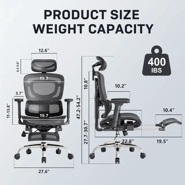 Alt view image 2 of 7 - Ergonomic Office Chair, Breathable Mesh Chair with Adaptive Lumbar Support, 3D Headrest, Armrests, Retractable Footrest, and a Six-Position Adjustable Backrest, Office Desk Chair Black