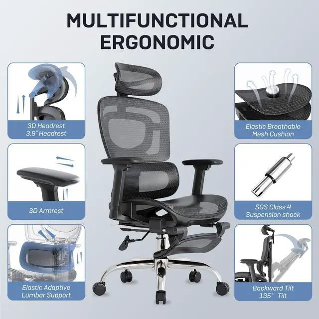 Alt view image 3 of 7 - Ergonomic Office Chair, Breathable Mesh Chair with Adaptive Lumbar Support, 3D Headrest, Armrests, Retractable Footrest, and a Six-Position Adjustable Backrest, Office Desk Chair Black