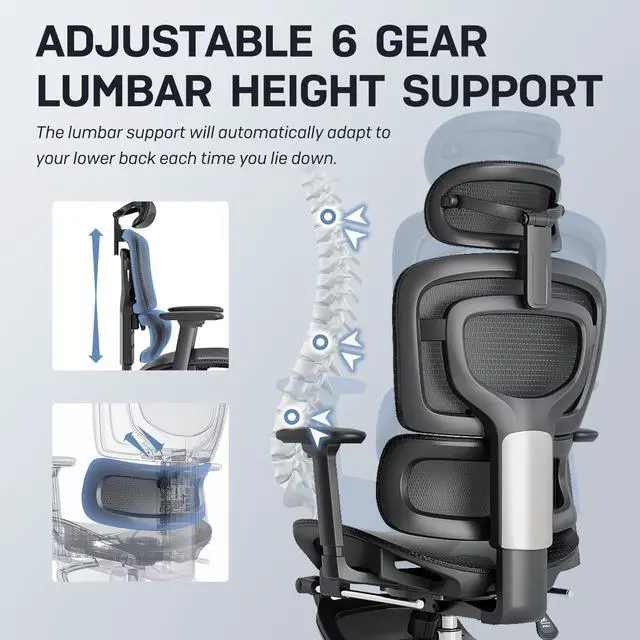 Alt view image 4 of 7 - Ergonomic Office Chair, Breathable Mesh Chair with Adaptive Lumbar Support, 3D Headrest, Armrests, Retractable Footrest, and a Six-Position Adjustable Backrest, Office Desk Chair Black