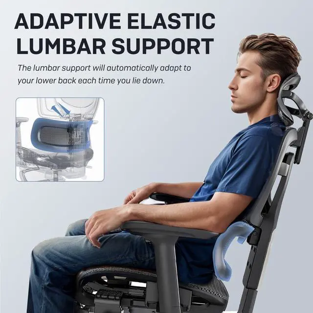 Alt view image 6 of 7 - Ergonomic Office Chair, Breathable Mesh Chair with Adaptive Lumbar Support, 3D Headrest, Armrests, Retractable Footrest, and a Six-Position Adjustable Backrest, Office Desk Chair Black