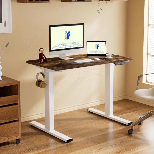 Alt view image 2 of 7 - FLEXISPOT EN1 One Piece Standing Desk, 48" x 30" Electric Height Adjustable Desk Sit Stand Desk for Home Office (White Frame + 48" Rustic Top, 2 Packages)