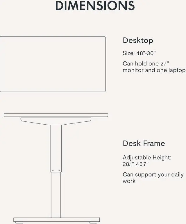 Alt view image 7 of 7 - FLEXISPOT EN1 One Piece Standing Desk, 48" x 30" Electric Height Adjustable Desk Sit Stand Desk for Home Office (White Frame + 48" Rustic Top, 2 Packages)