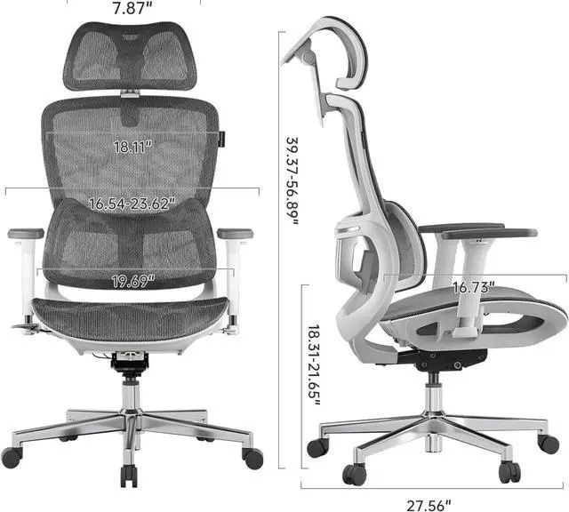 Alt view image 2 of 7 - Hbada E2 Ergonomic Office Chair, Big and Tall Mesh Office Chair with 6-Way Dynamic Lumbar Support, 3D Adjustable Armrests, 3D Adjustable Headrest, High Back for Gaming Chair, White(No Footrest)