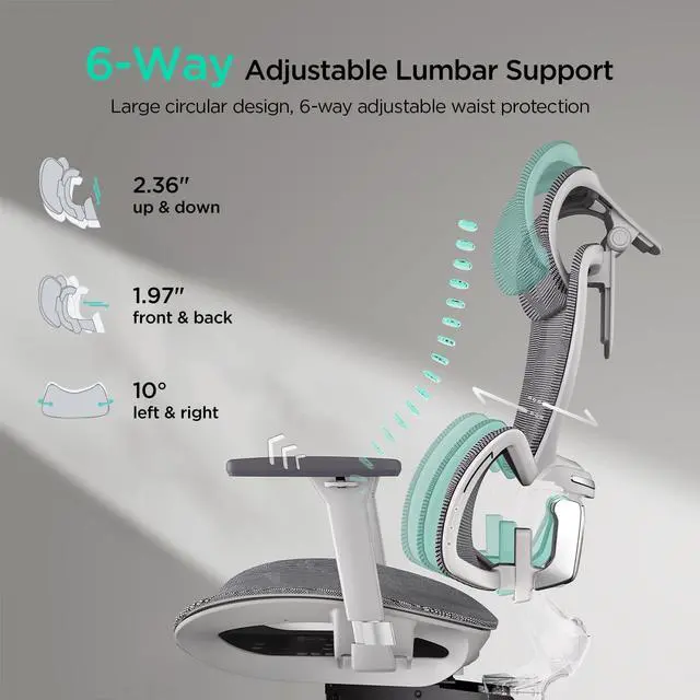 Alt view image 3 of 7 - Hbada E2 Ergonomic Office Chair, Big and Tall Mesh Office Chair with 6-Way Dynamic Lumbar Support, 3D Adjustable Armrests, 3D Adjustable Headrest, High Back for Gaming Chair, White(No Footrest)