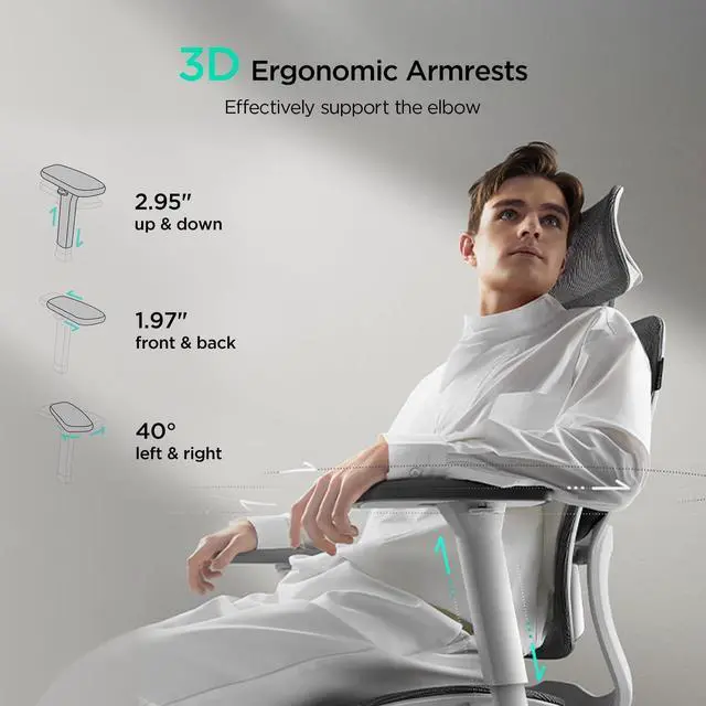 Alt view image 4 of 7 - Hbada E2 Ergonomic Office Chair, Big and Tall Mesh Office Chair with 6-Way Dynamic Lumbar Support, 3D Adjustable Armrests, 3D Adjustable Headrest, High Back for Gaming Chair, White(No Footrest)