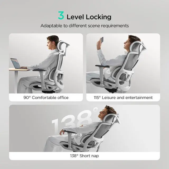 Alt view image 6 of 7 - Hbada E2 Ergonomic Office Chair, Big and Tall Mesh Office Chair with 6-Way Dynamic Lumbar Support, 3D Adjustable Armrests, 3D Adjustable Headrest, High Back for Gaming Chair, White(No Footrest)