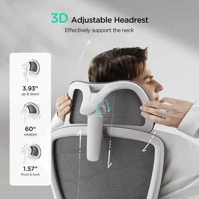Alt view image 7 of 7 - Hbada E2 Ergonomic Office Chair, Big and Tall Mesh Office Chair with 6-Way Dynamic Lumbar Support, 3D Adjustable Armrests, 3D Adjustable Headrest, High Back for Gaming Chair, White(No Footrest)