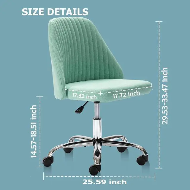 Alt view image 3 of 7 - Home Office Desk Chair, Vanity Chair, Modern Adjustable Low Back Rolling Chair, Twill Upholstered Cute Office Chair, Desk Chairs with Wheels for Bedroom, Classroom, Vanity Room (Green)