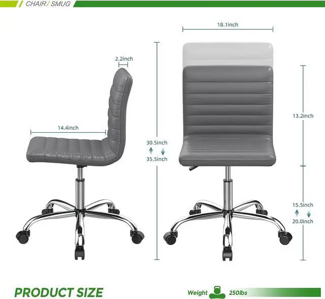 Alt view image 3 of 7 - Desk Chair, Armless Office Chair Leather Swivel Task Chair Mid Back Ribbed Home Office White Desk Chair for Adult Child, Vanity Chair, Grey