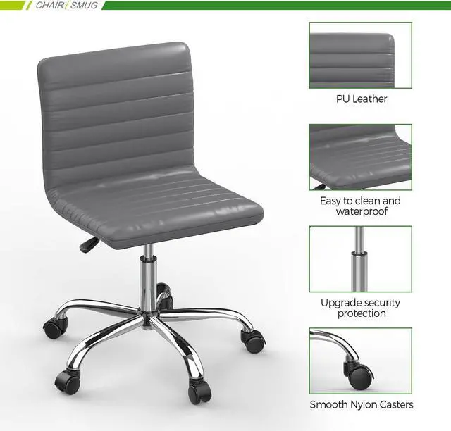 Alt view image 6 of 7 - Desk Chair, Armless Office Chair Leather Swivel Task Chair Mid Back Ribbed Home Office White Desk Chair for Adult Child, Vanity Chair, Grey