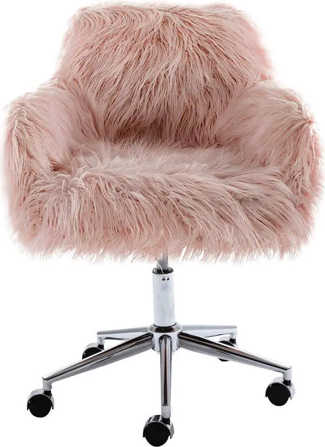 Alt view image 3 of 7 - HomVent Faux Fur Accent Chair, Cute Modern Shaggy Faux Fur Swivel Chair Makeup Stool, Height Adjustable Home Office Desk Chair Plush Vanity Stool for Bedroom/Living Room (Pink)
