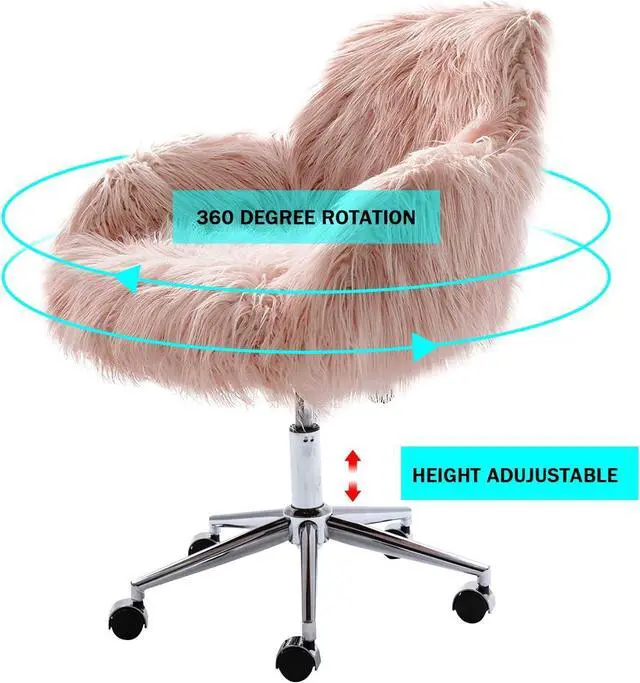 Alt view image 4 of 7 - HomVent Faux Fur Accent Chair, Cute Modern Shaggy Faux Fur Swivel Chair Makeup Stool, Height Adjustable Home Office Desk Chair Plush Vanity Stool for Bedroom/Living Room (Pink)