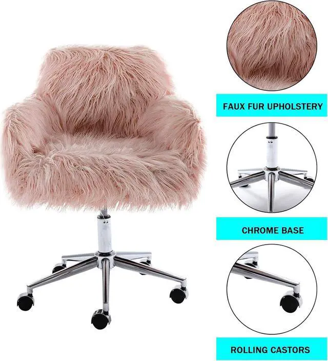 Alt view image 5 of 7 - HomVent Faux Fur Accent Chair, Cute Modern Shaggy Faux Fur Swivel Chair Makeup Stool, Height Adjustable Home Office Desk Chair Plush Vanity Stool for Bedroom/Living Room (Pink)