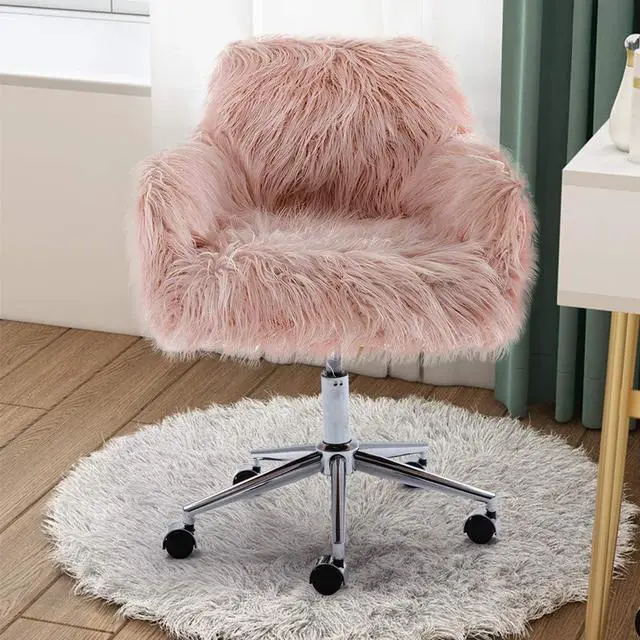 Alt view image 6 of 7 - HomVent Faux Fur Accent Chair, Cute Modern Shaggy Faux Fur Swivel Chair Makeup Stool, Height Adjustable Home Office Desk Chair Plush Vanity Stool for Bedroom/Living Room (Pink)
