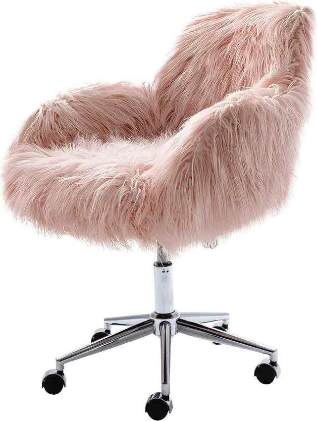 Alt view image 7 of 7 - HomVent Faux Fur Accent Chair, Cute Modern Shaggy Faux Fur Swivel Chair Makeup Stool, Height Adjustable Home Office Desk Chair Plush Vanity Stool for Bedroom/Living Room (Pink)
