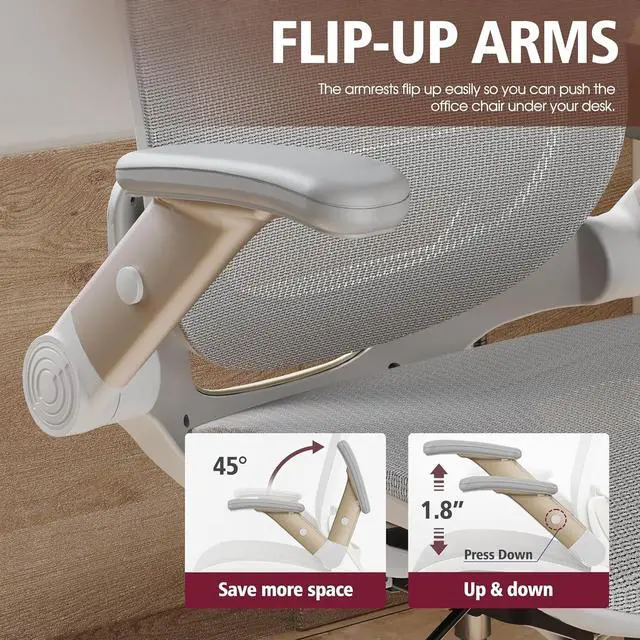 Alt view image 4 of 7 - GABRYLLY Ergonomic Office Chair, High Back Home Desk Chair with Headrest, Flip-Up Arms, 90-120° Tilt Lock and Wide Cushion, Big and Tall Mesh Chairs for Man Woman, White Task Chair