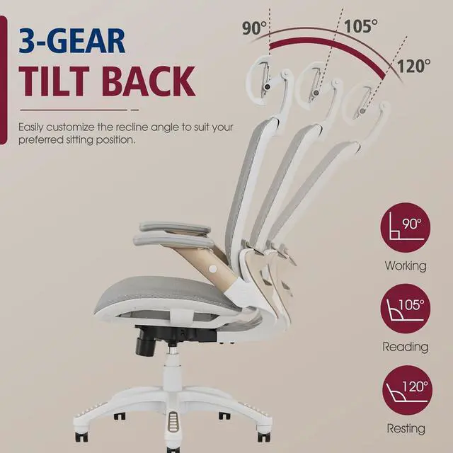 Alt view image 7 of 7 - GABRYLLY Ergonomic Office Chair, High Back Home Desk Chair with Headrest, Flip-Up Arms, 90-120° Tilt Lock and Wide Cushion, Big and Tall Mesh Chairs for Man Woman, White Task Chair