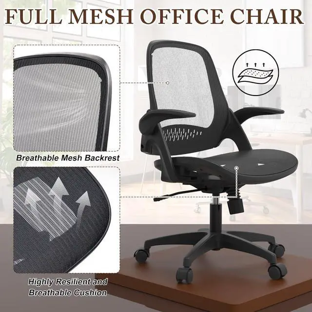 Alt view image 3 of 6 - Mesh Seat Office Computer Chair with Height Adjustable Flip Up Arms Swivel Wheels for Adults