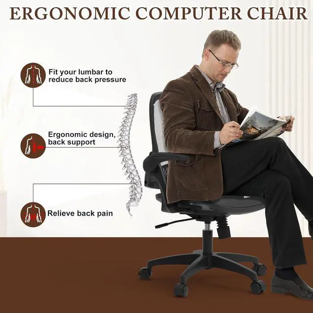 Alt view image 4 of 6 - Mesh Seat Office Computer Chair with Height Adjustable Flip Up Arms Swivel Wheels for Adults