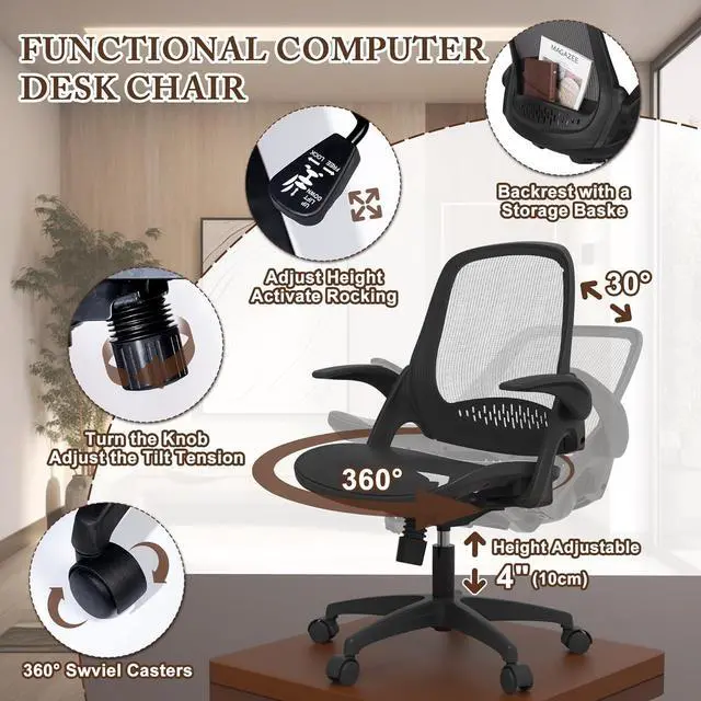 Alt view image 5 of 6 - Mesh Seat Office Computer Chair with Height Adjustable Flip Up Arms Swivel Wheels for Adults