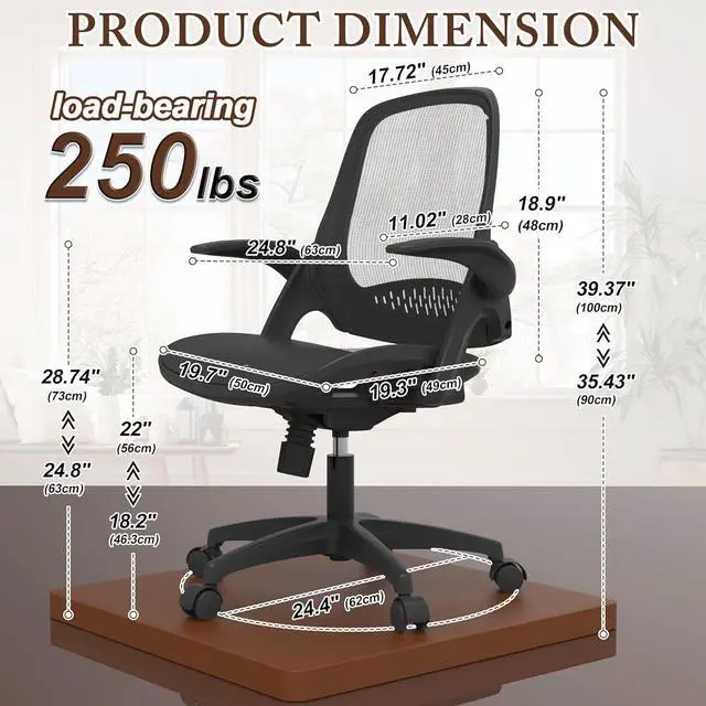 Alt view image 2 of 6 - Mesh Seat Office Computer Chair with Height Adjustable Flip Up Arms Swivel Wheels for Adults